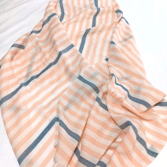 J Crew 100% Wool Scarf Striped Peach White Blue - Picture 4 of 11